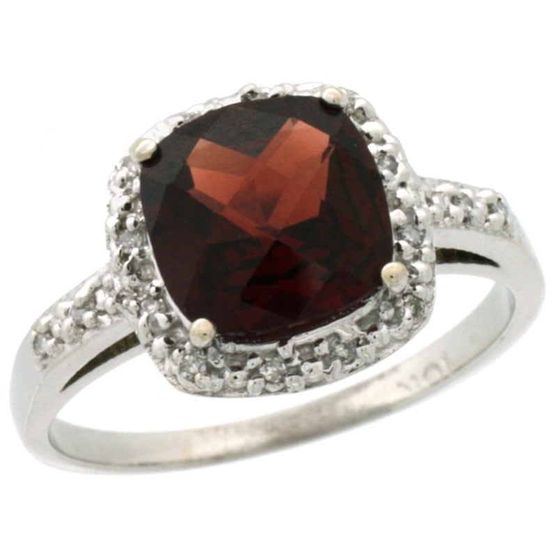10K White Gold Diamond Natural Garnet Ring Cushion-cut 8x8mm, sizes 5-10 by WorldJewels