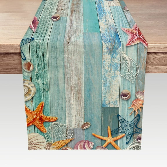 Beach Table Runners, Nautical Coastal Runner for Kitchen, Seashell Starfish on Wooden Non-Slip Dining Room Table Runners for Family Dinner/Wedding Holiday/Outdoor Indoor Party,13X72in