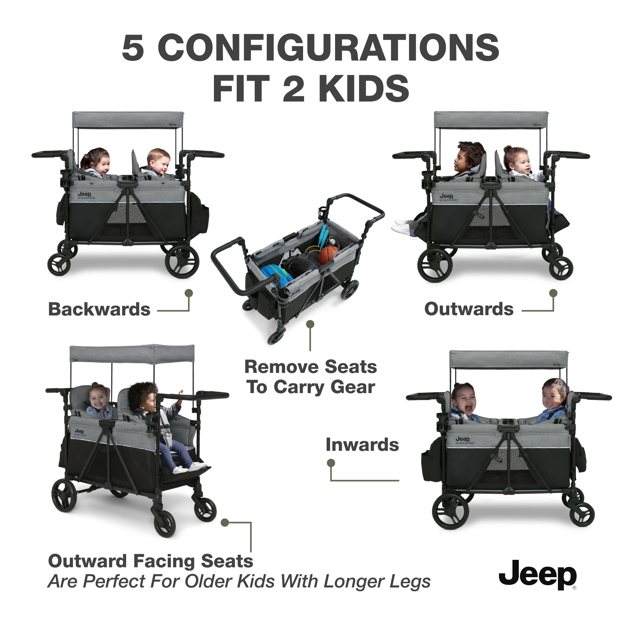 Jeep Aries Stroller Wagon by Delta Children - Premium Wagon for 2 Kids with Convertible Seats, Adjustable Push/Pull Handles, Removable Canopy & Flat Fold - Greenguard Gold Certified, Grey
