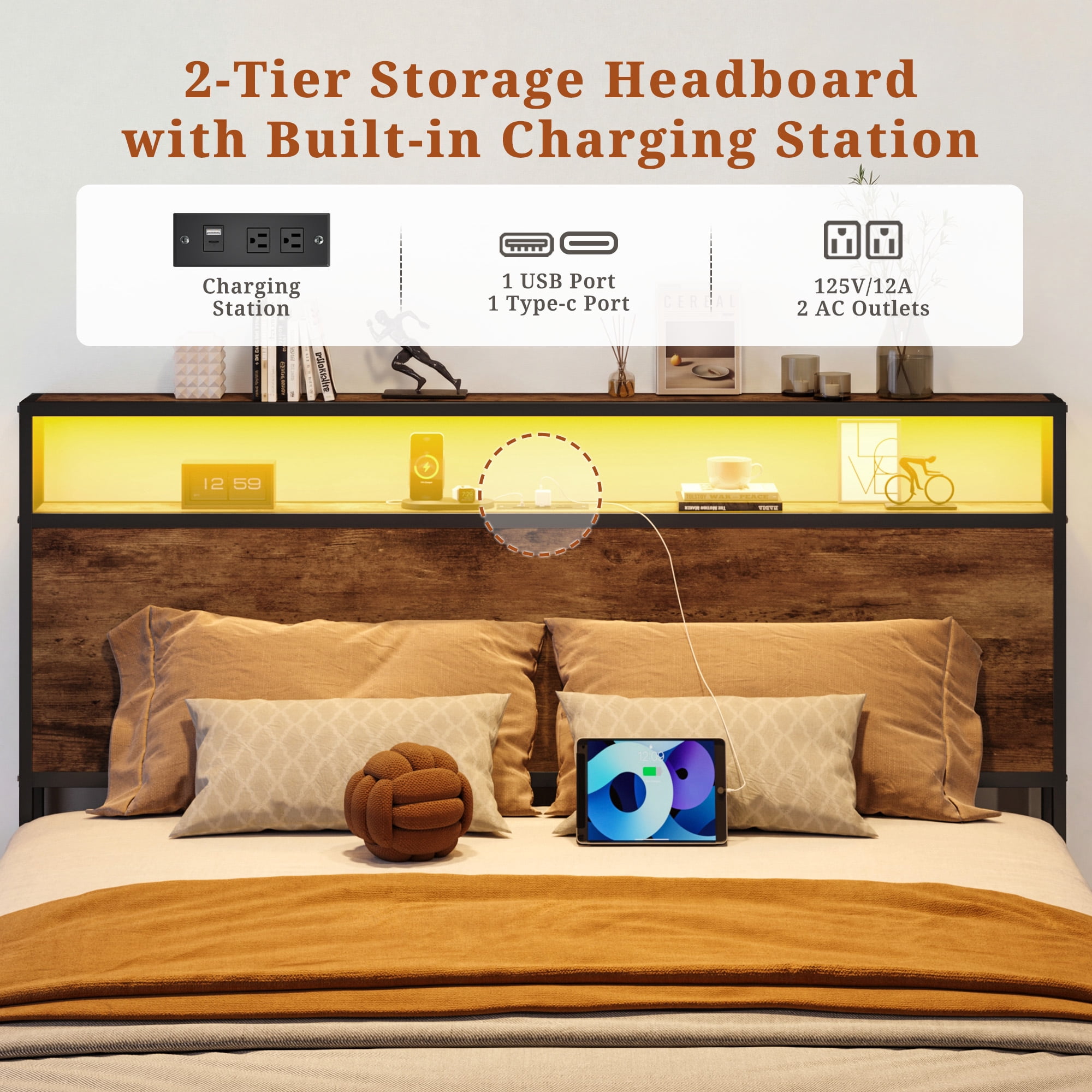 Bolvdo Queen Platform Bed Frame with Headboard, 4 Storage Drawers & USB Charging Station, LED Lights & Metal Support, Vintage Brown