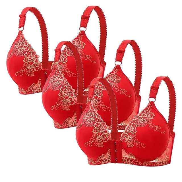 DecSea 3PC Women's Large Lace Breathable Front Opening Bra Wrapped Up Cup Side Fold Breast Lift Bra
