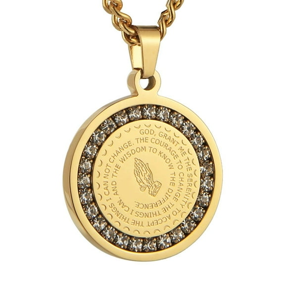 HZMAN Bible Verse Prayer Necklace Christian Jewelry Gold Stainless Steel Praying Hands Coin Medal Pendant (CZ Gold)