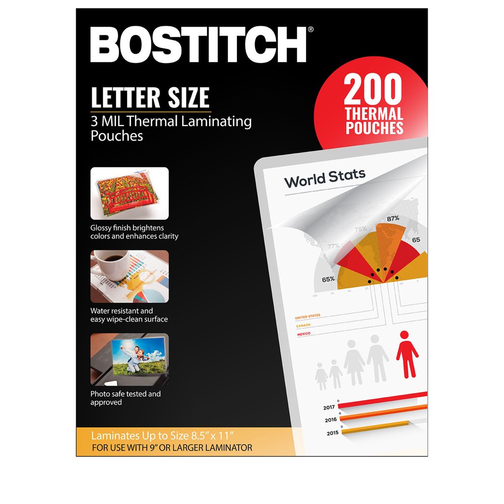 Bostitch Thermal Laminating Pouches, 8.5 in x 11 in, 3 mil 200 Pack