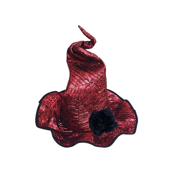 Yfalhf Halloween Twistable Witch Hat for Women, Transformable Curved Pointed Wizard Hat with Flower Decoration, Shiny Fabric Party Hat for Masquerade Theme Party,Red