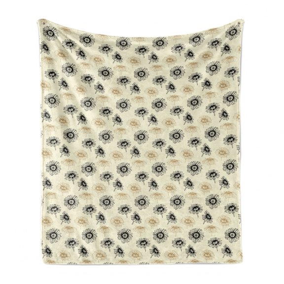 Floral Soft Flannel Fleece Blanket, Repetitive Simple Calendula Flowers Hand Drawn Inspired Sketch Pattern, Cozy Plush for Indoor and Outdoor Use, 50" x 60", Charcoal Grey and Cream, by Ambesonne