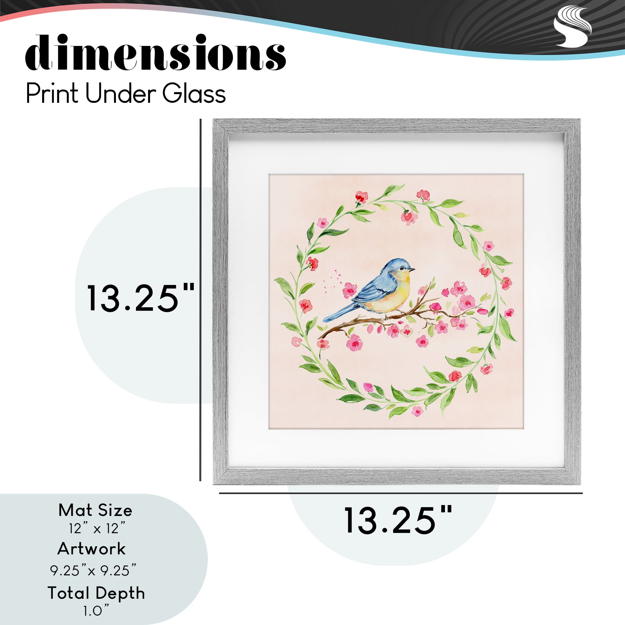 Spring Bird Wreath Perch Gray Framed Print Under Glass, design by Elena Fay