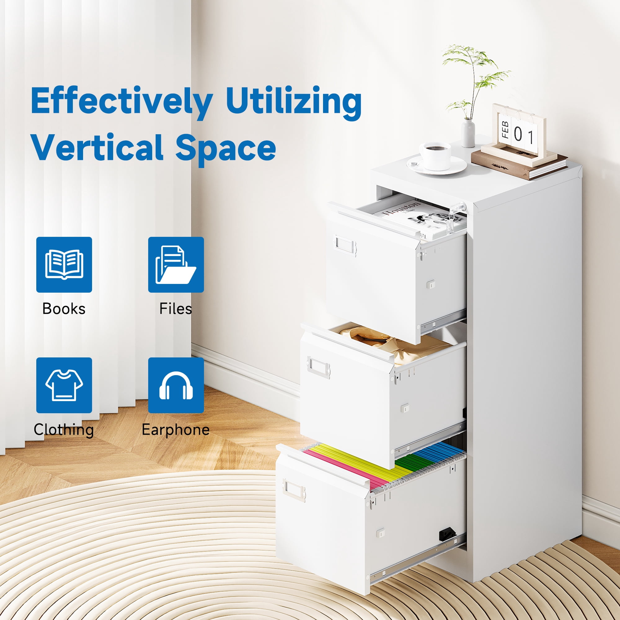 Fesbos 3 Drawer File Cabinet with Lock, File Cabinets for Home Office,18" Deep Vertical Metal White File Cabinet Office Storage Cabinet Organizer for Letter/Legal / A4
