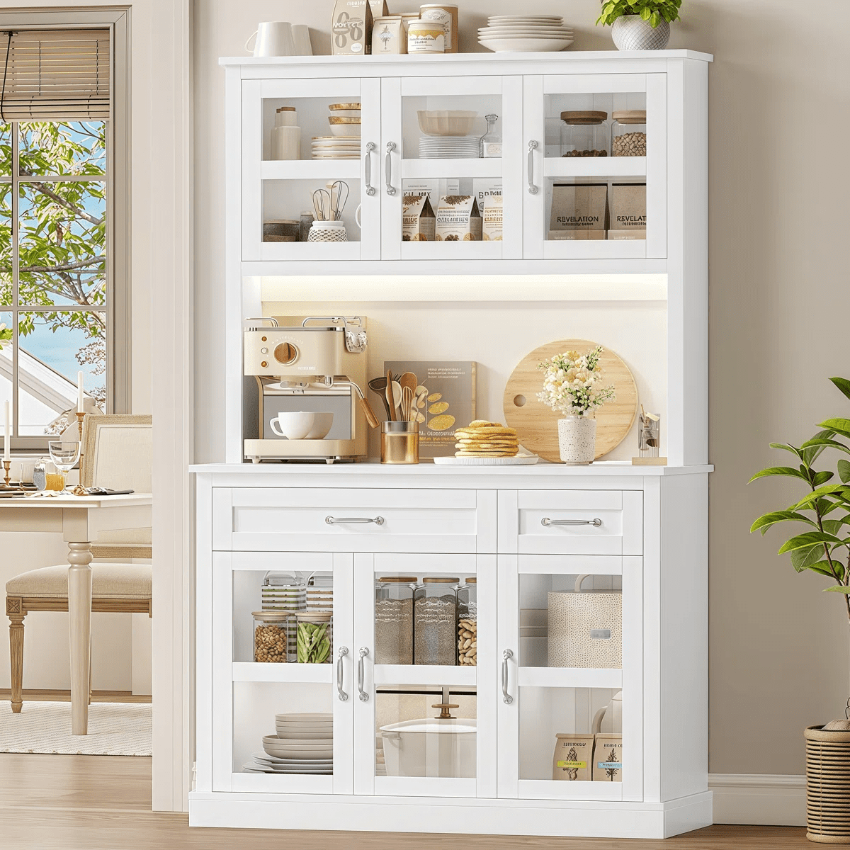 Hiphuta 71" Kitchen Pantry Cabinet with Charging Station & Light, Tall Pantry Large Storage Space Cabinet with Microwave Stand, Modern Freestanding Hutch with Countertop for Dining Room, White