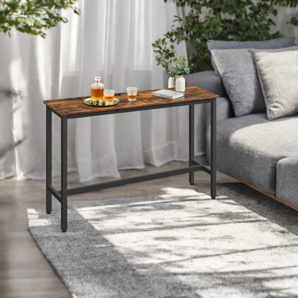 LEDREM Industrial Narrow Bar Table - 55.1" Long Kitchen Dining Table with Metal Frame & Adjustable Feet, Space-Saving Design, Rustic Brown and Black
