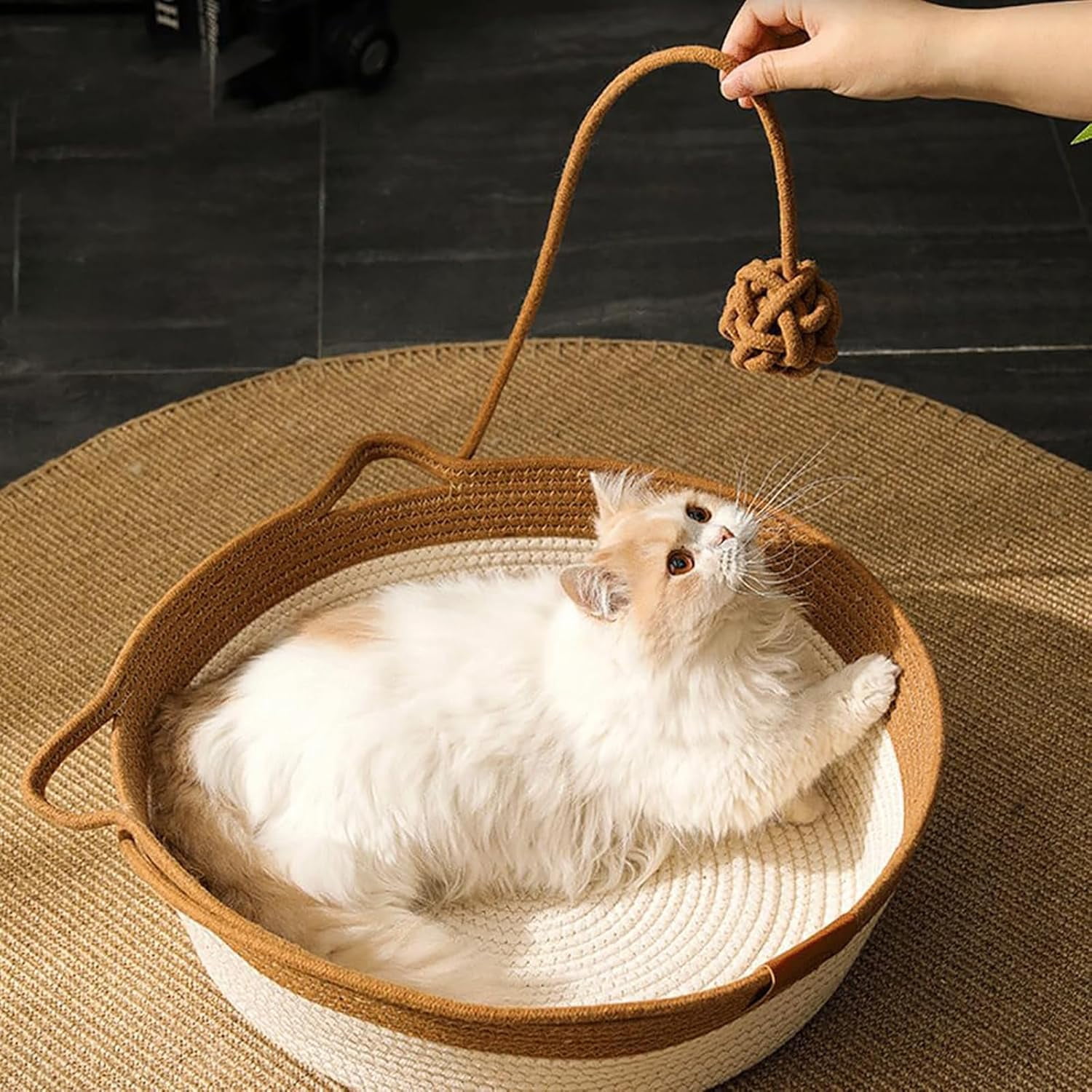 Handwoven Cat Basket,Foldable Cotton Rope Cats Toy Bed with Teasing Ball,for Small & Large Dog