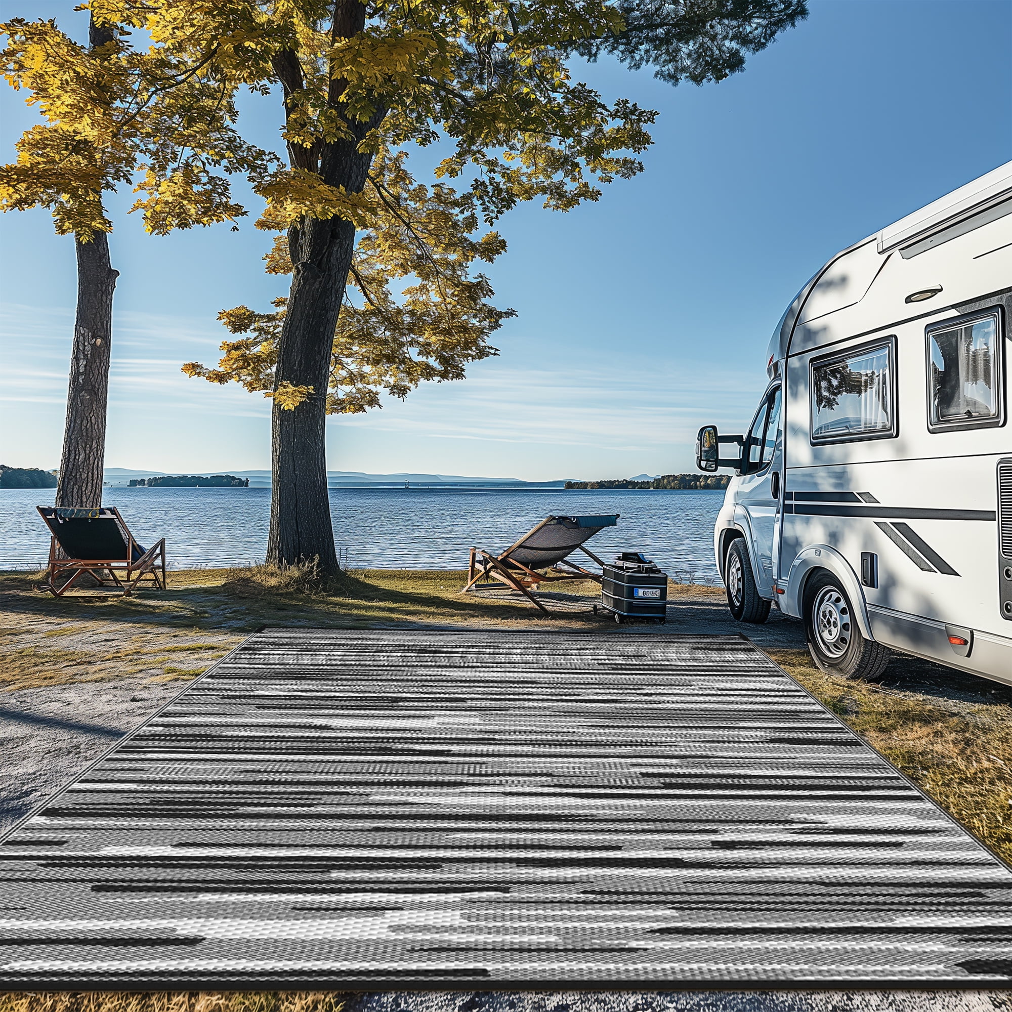 KUETH 6' x 9' Reversible Outdoor Rug Waterproof Foldable Plastic Camping Mat for Patio Yard Balcony RV, Black & White