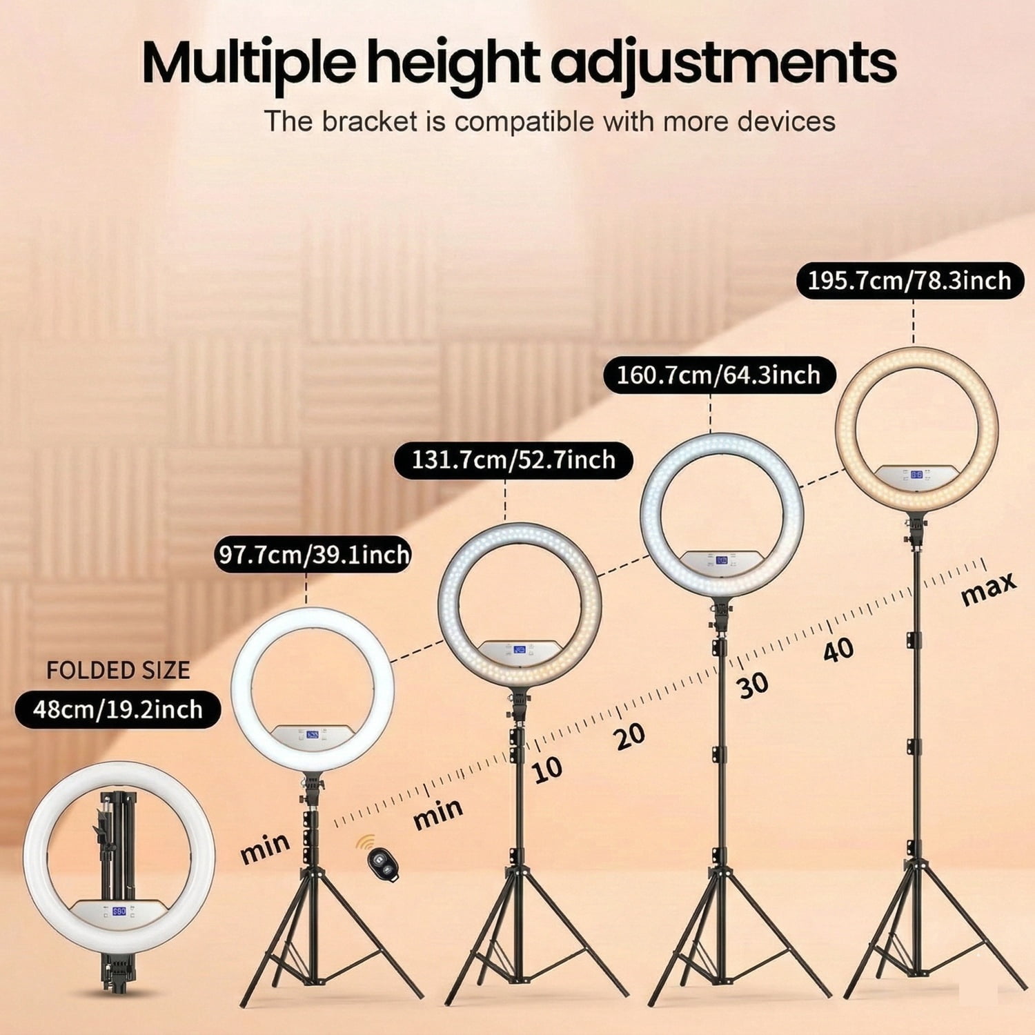 18” Foldable LED Ring Light with Stand for iPhone & iPad, Dimmable 2700-6500K with LED Display, 2 USB Ports & 4 Phone/Tablet Holders – Perfect for Makeup, Tattoo, Barber, Studio & Video Recording