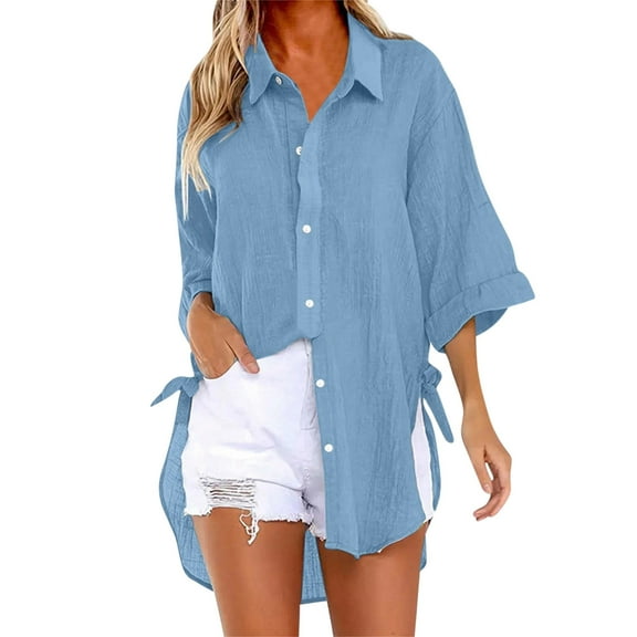 Womens Blouses Dressy Solid Linen Button Down Shirts Lightweight Breathable Beach Vacation Cover Up Elegant Design Loose Fit Work Blouses Work Shirts for Women Blue M