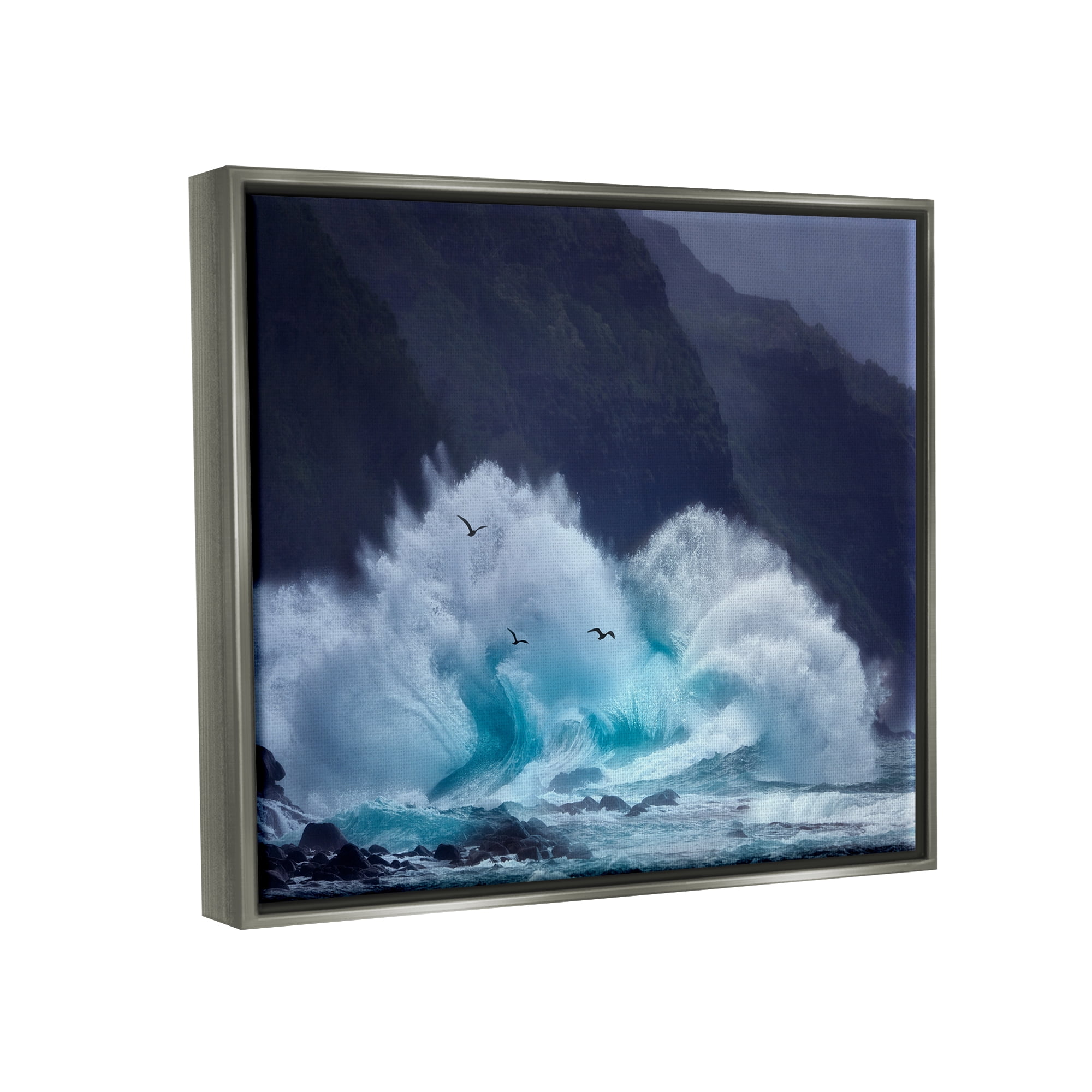 Stupell Industries Tsunami Waves Landscape Nature Photography Gray Floater Framed Art Print Wall Art, 21 x 17