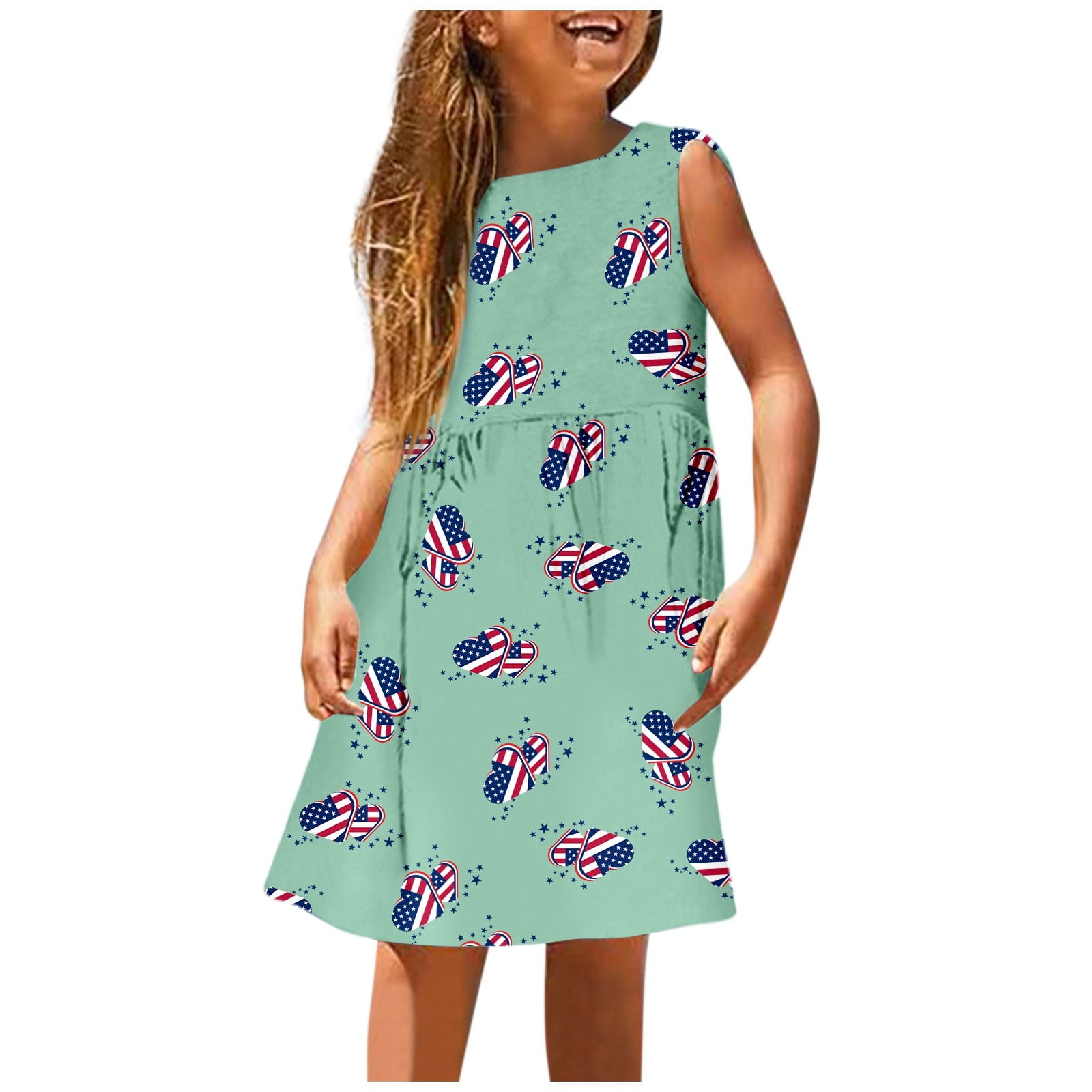 Girl's 4th Of July Sleeveless Dress Cute Patriotic Flag Print A