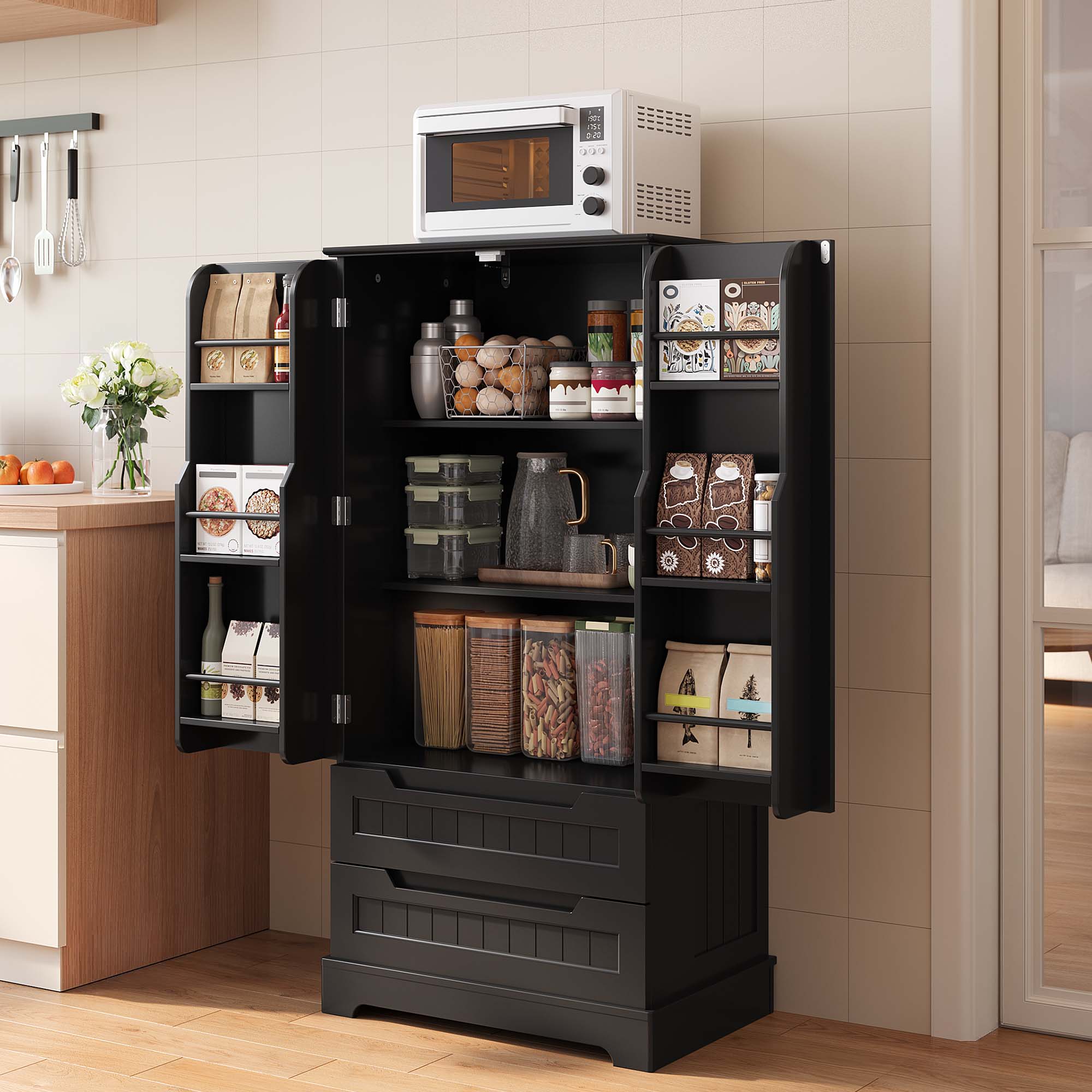 Pantry Storage Cabinet with 2 Drawers，Asofer 47" Kitchen Small Food Pantry Cabinet for Dining Room, Black