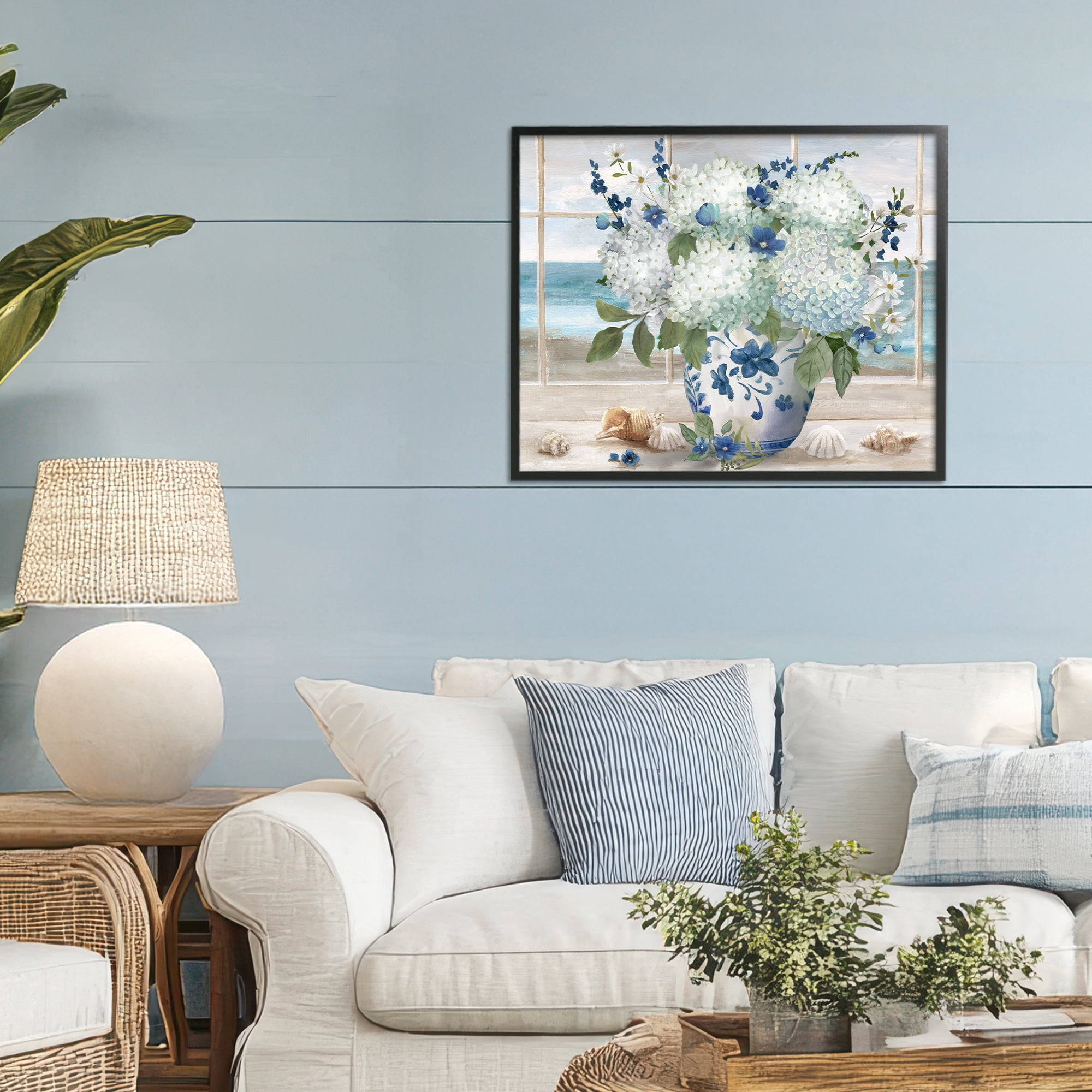 Stupell Industries Seaside Hydrangea Bouquet in Window Black Framed Giclee Art, design by Nan