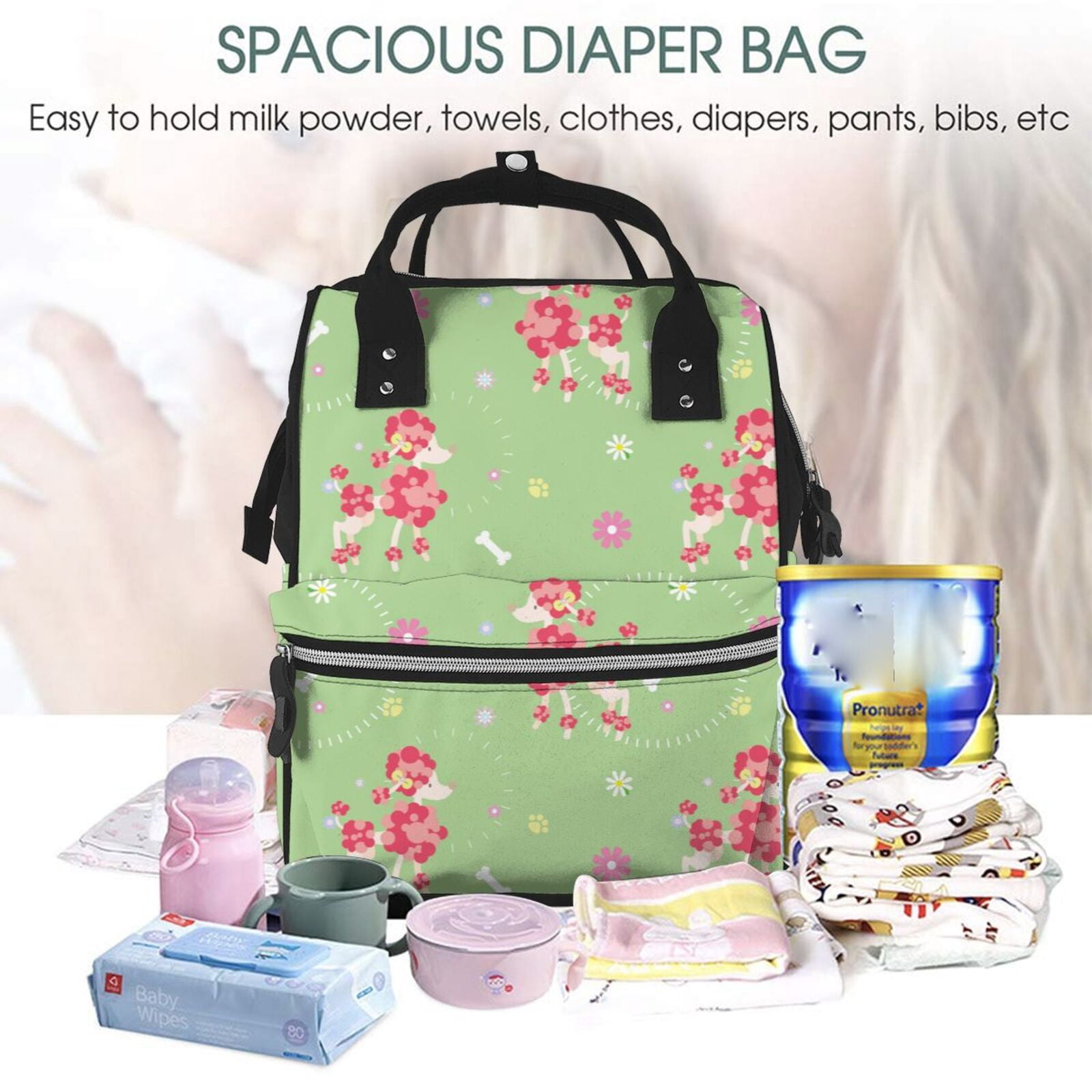 Fuzoiu Cute Poodle Dog Print Diaper Bag Backpack,Baby Essentials Travel Tote,Multi function Waterproof Diaper Bag, Travel Essentials Baby Bag - Unisex