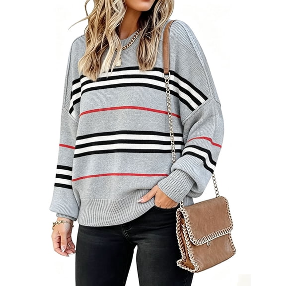 ISUHAZBO Womens Knit Pullover Sweater Oversized Striped Crew Neck Long Sleeve Loose Knit for Fall Winter Clothes Fall Sweater for Women M