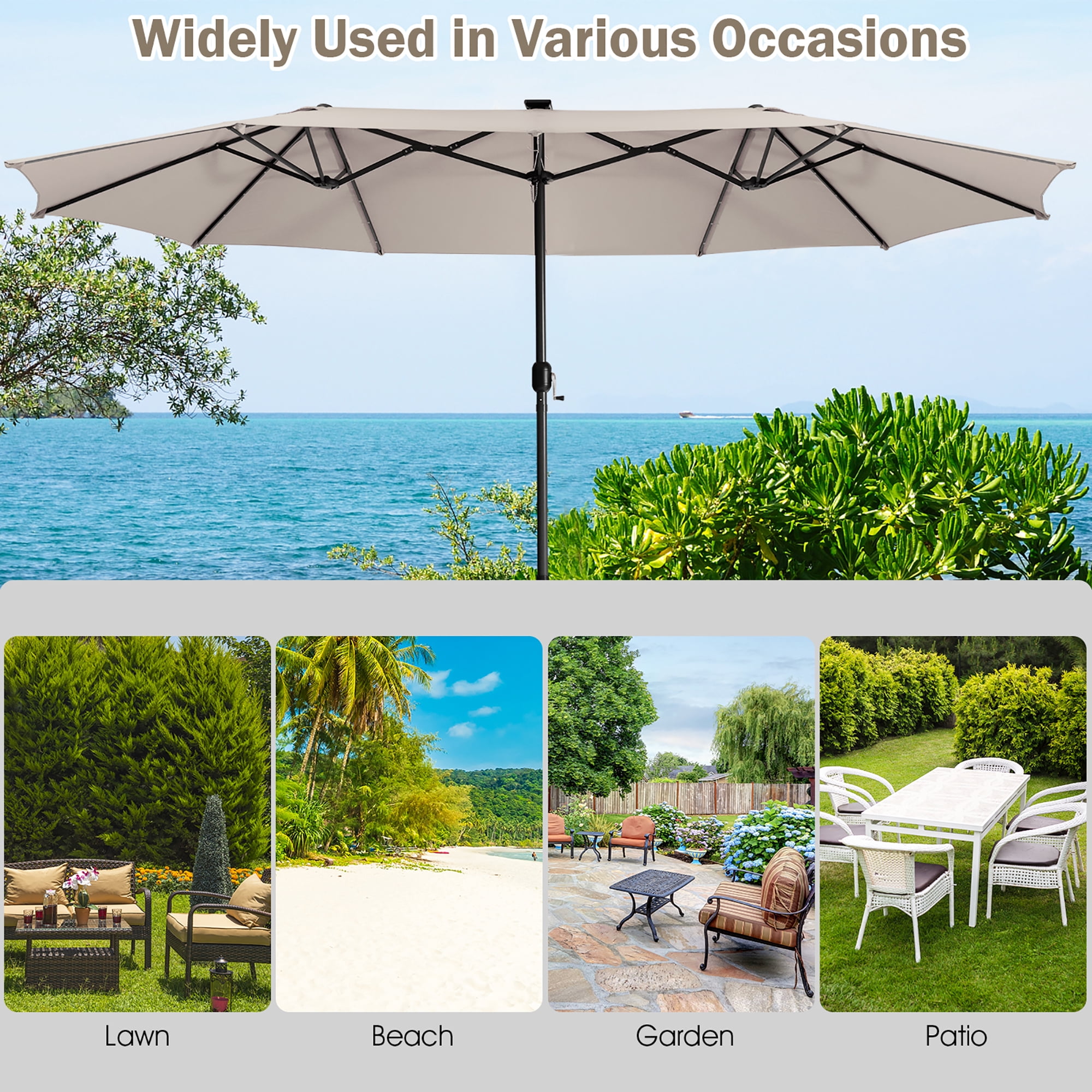 Gymax 15Ft Solar LED Patio Outdoor Double-Sided Umbrella w/ 48 Lights Crank Beige