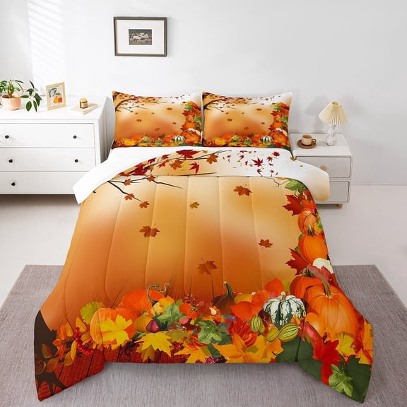 Fall Pumpkin Bedding Set Halloween Themed Comforter Set Boys Girls Maple Leaves Decor Comforter Microfiber Pumpkin Festival Duvet Set Bedroom Quilt Set Toddler Size