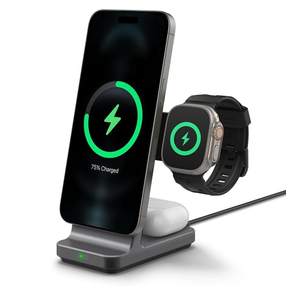 Soporte de Carga Inalámbrico Spigen OneTap Pro Blanco 3 en 1 MagFit 15W para iPhone y Apple Watch
