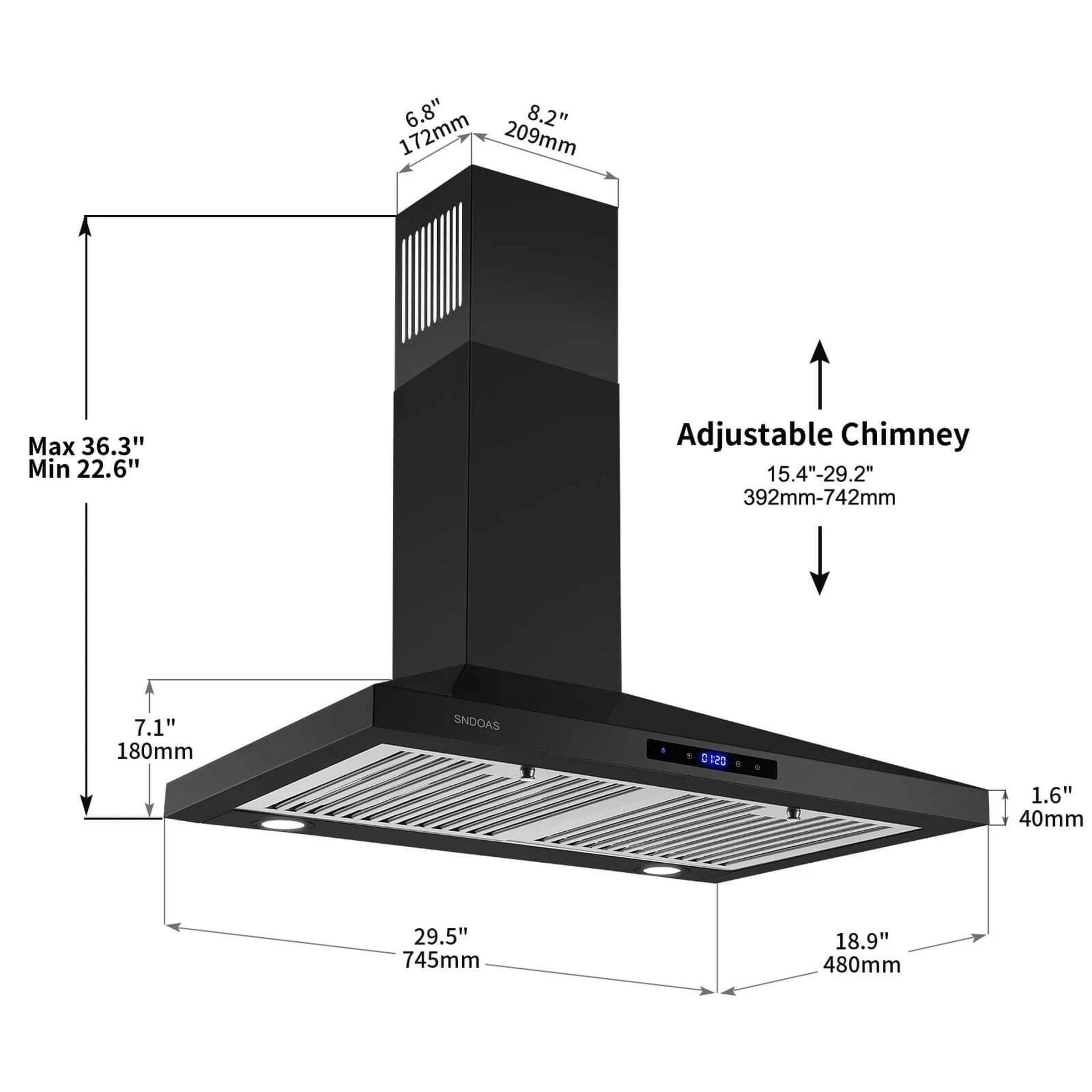 30in Wall Mount Range Hood 3-Speed Touch Control 350CFM Vented Black Easy Clean