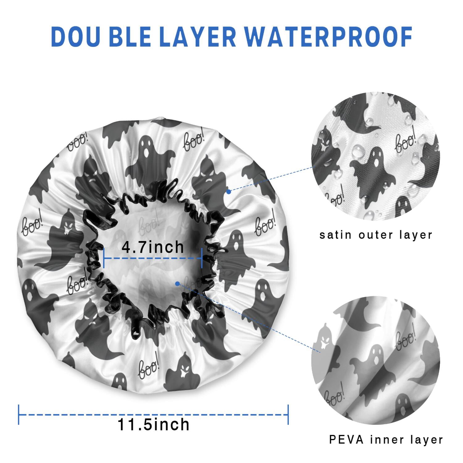 Shower Caps,Halloween Black Ghosts with Boo Waterproof Shower Cap for Women 4 Pieces,Double Reusable Hair Cover for Shower PEVA Elastic Stretch Hem