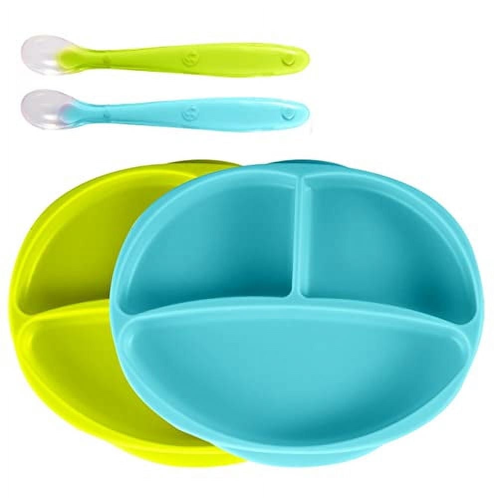 Silicone Suction Plate for Baby - 100% Food Grade Silicone Divided Plate | Toddler Self Feeding Training Suction Plate Set | BPA-Free (Green & Blue)
