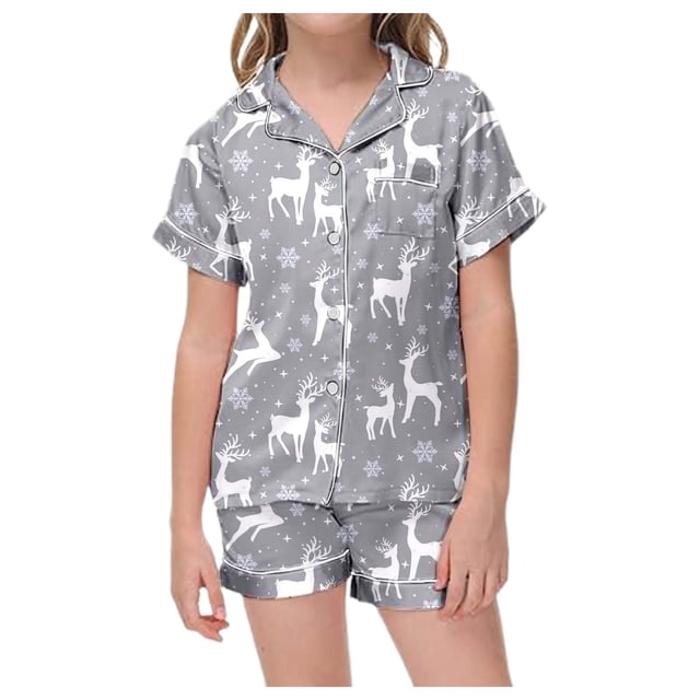 GDREDA Pyjamas pour Filles Ensemble de Pyjama de Noël Classique Imprimé Col Boutonné Manches Courtes & Shorts (Violet, 2-3 Ans)
