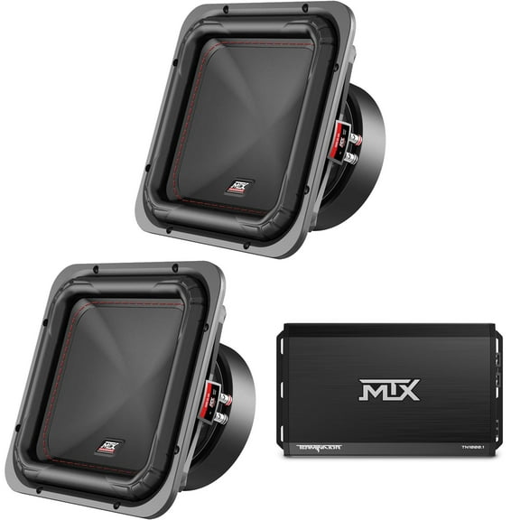 MTX TERMINATOR 1000-Watt RMS 1Ω Mono Block Class D Amplifier and Two MTX Audio S6510-44 S65-Series Square 10" 500W RMS Dual 4-Ohm Subwoofer