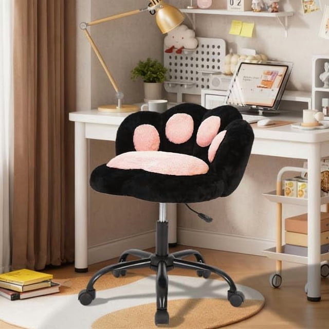 AKDSteel Chaise de Coiffeuse avec Dossier en Forme de Chat, Chaise de Bureau Sans Accoudoirs à Hauteur Réglable Pivotante à 360° avec Roulettes et Coussin Moelleux