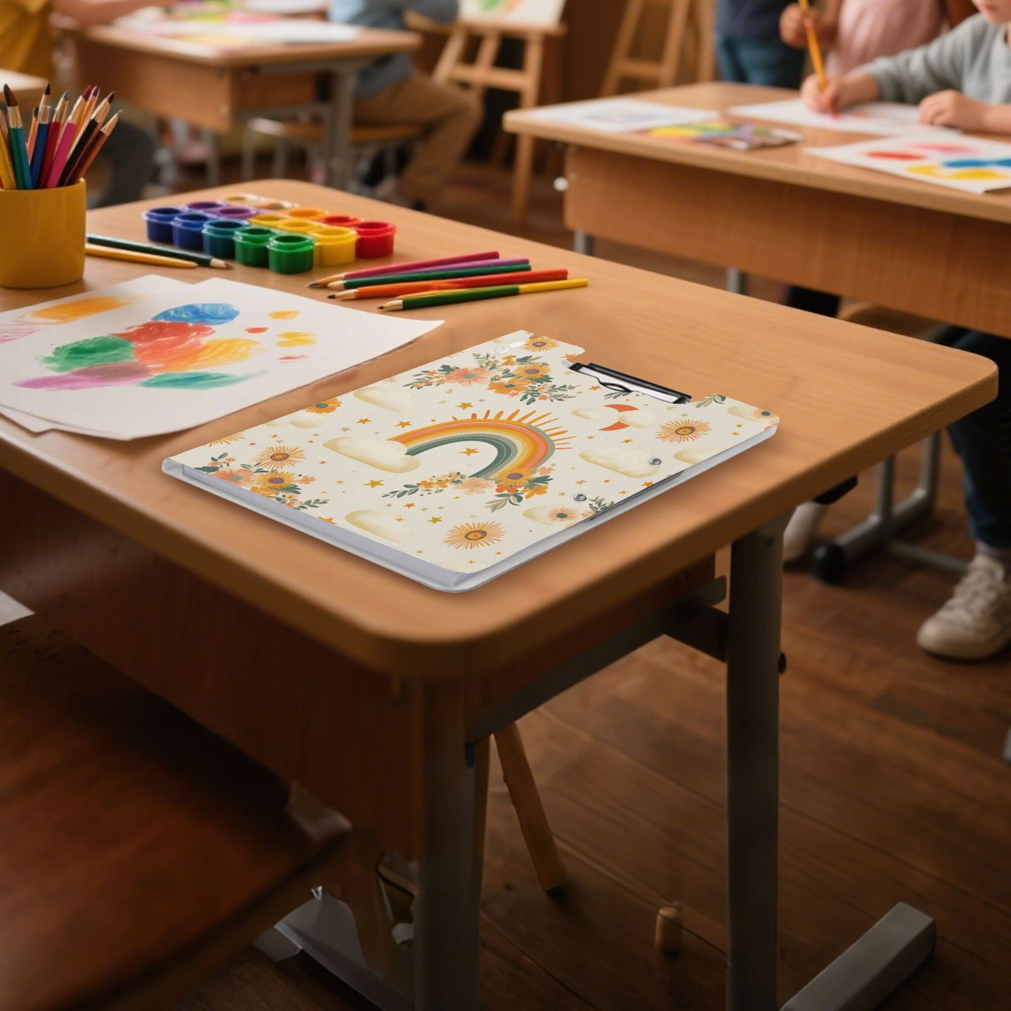 FORMRS A4 Clipboard Folder with Pen Holder Horizontal Foldable School Office Binder, Retro Rainbow