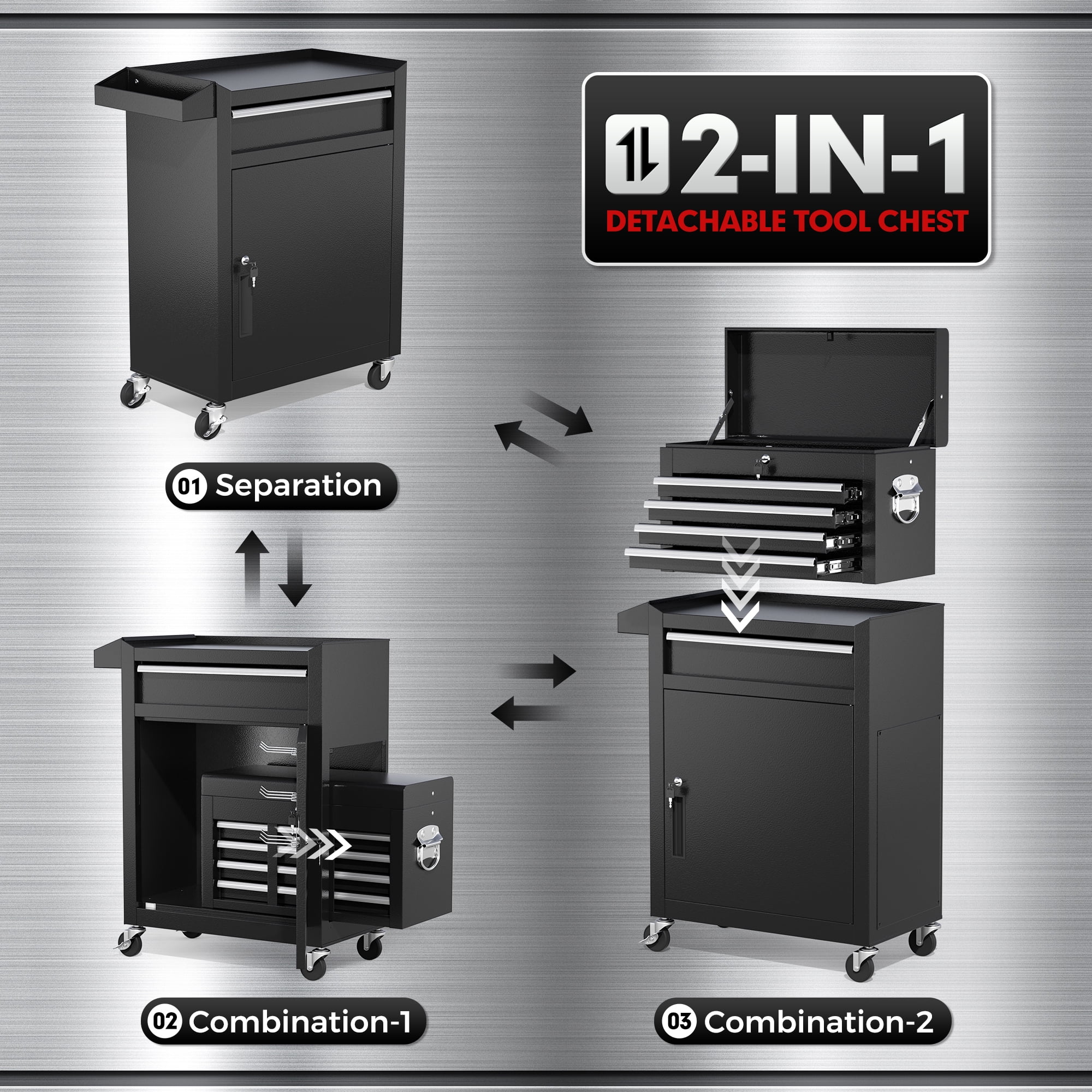 Suncrown Tool Chest 5 Drawer Rolling Tool Storage Cabinet with Universal Lockable Wheels, Metal Tool Cart for Garage, Workshop, Metal Black