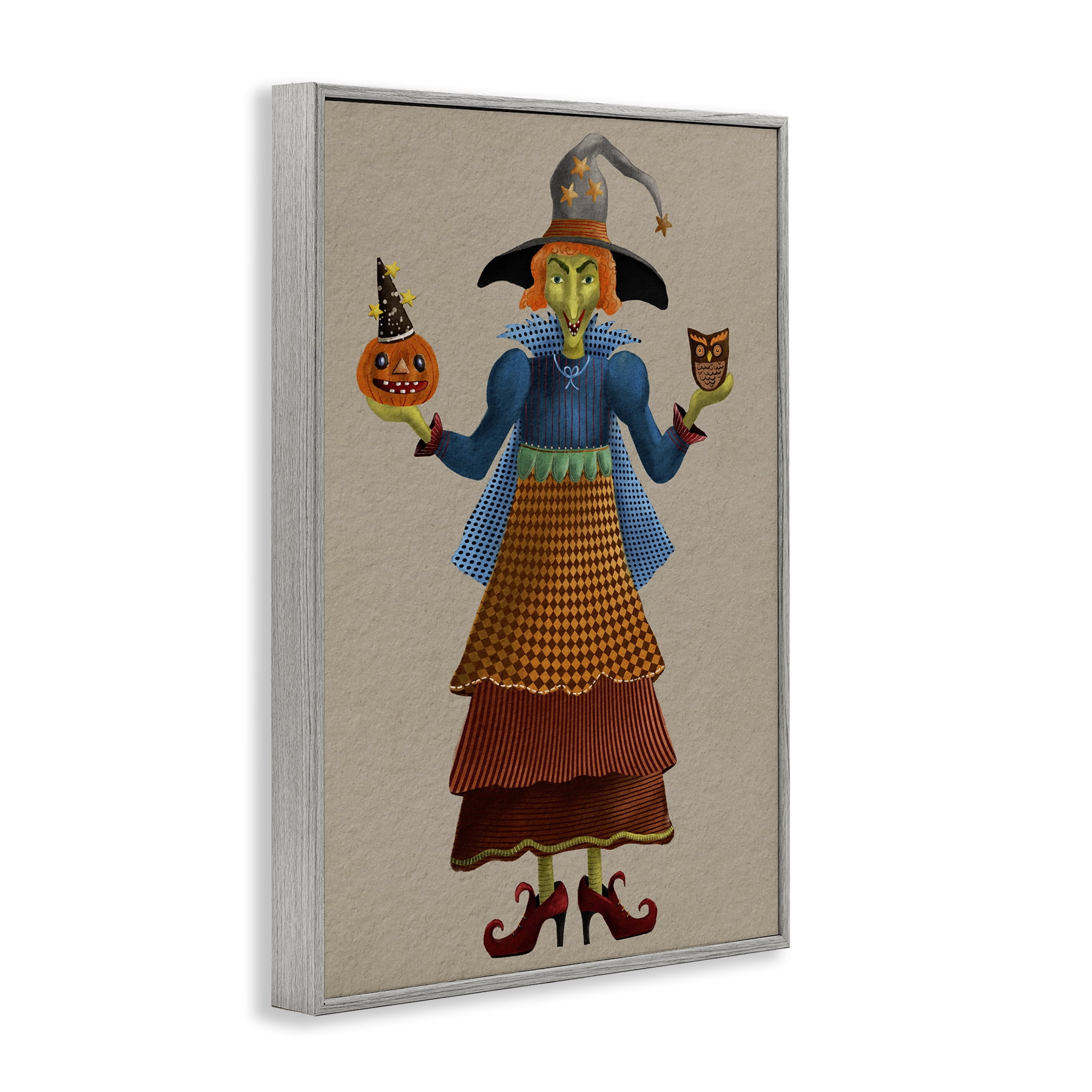 Stupell Industries Halloween Witch in Plaid Holiday Painting Gray Framed Art Print Wall Art, 20 x 30