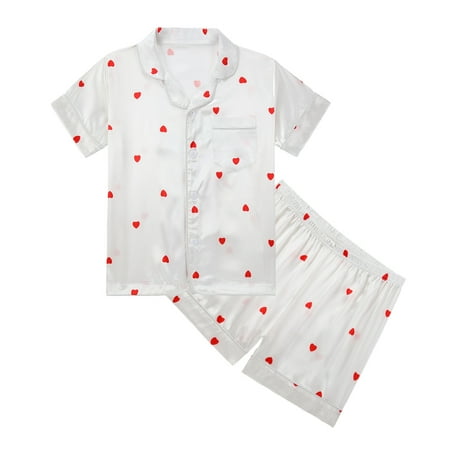 

Little Girls Big Girls Button Down Pajamas Kids Short Sleeve Top Shorts Sleepwear 5-14T