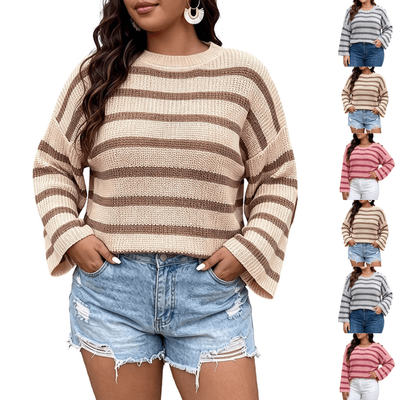 SeekIslan Women's Plus Size Sweaters with Crew Neck Long Sleeve Striped Loose Knit Pullover