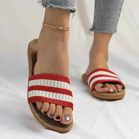 

〖Yilirongyumm〗 Red 39 Sandals Women Slippers For Women Female Stripe Bohemia Flax Linen Flip Flops Beach Shoes Sandals Slipper