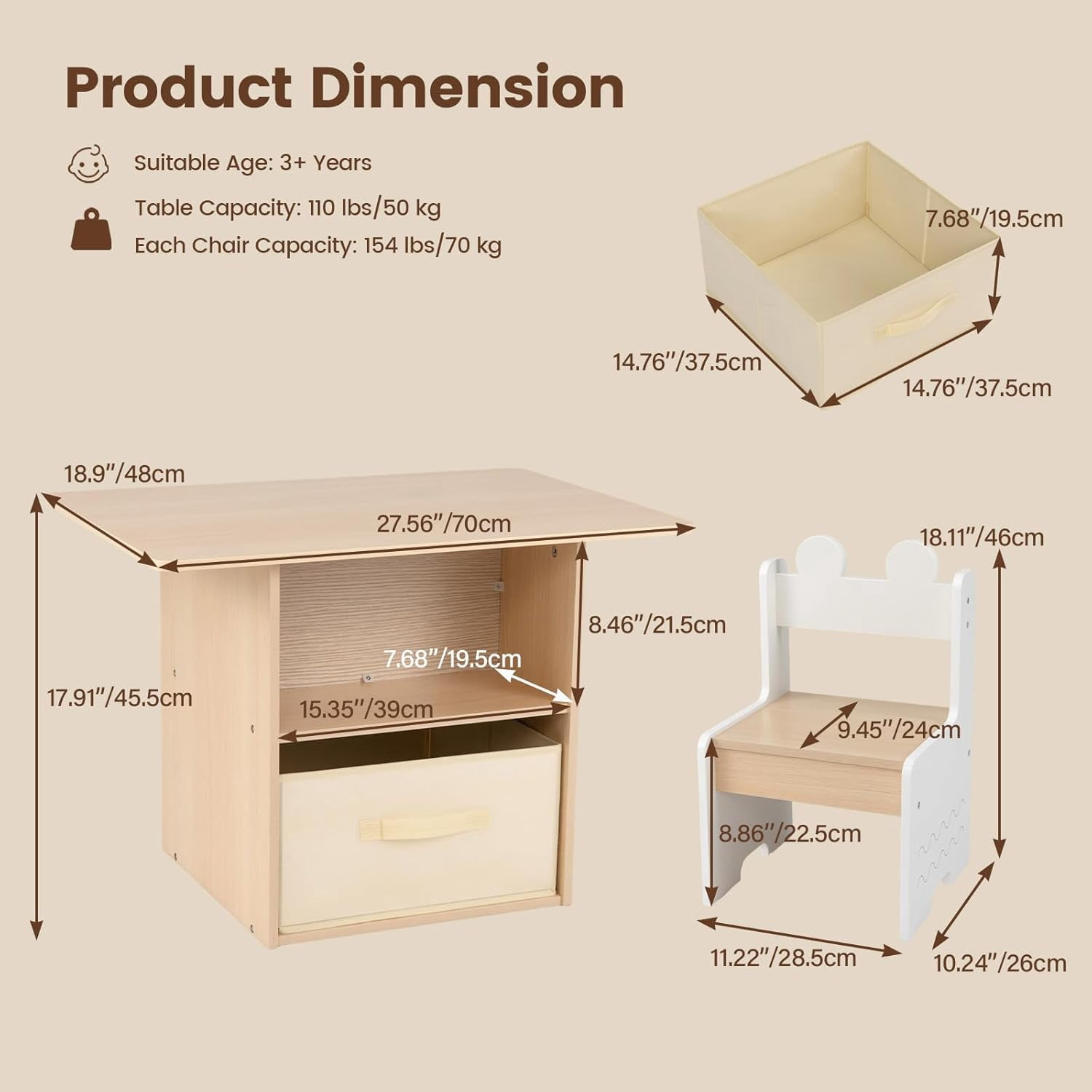 OLAKIDS Kids Table and Chair Set, 4 in 1 Wooden Activity Desk with Foldable Storage Drawer, Children Furniture for Art Crafts Drawing Reading Dining