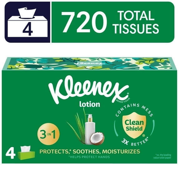 (2 pack) Kleenex Lotion Facial Tissues with Coconut Oil, 4 Flat Boxes, 180 Tissues per Box, 3-Ply