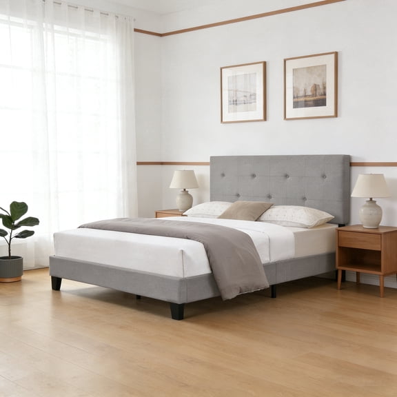 ASINMAK Queen Size Linen Upholstered Platform Bed Frame, Button Tufted Headboard, Wood Slat Support, No Box Spring Needed, Gray