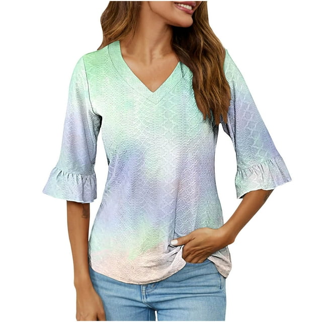 UNITWRY Summer Tops For Women Half-Sleeve V-Neck Blouse T-Shirt Gradient Ruffled Sleeve Tunic Top