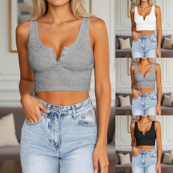 Lkhaha Ribbed Cropped Tank Top for Women Solid Casual Button Front Sleeveless Shirts White S