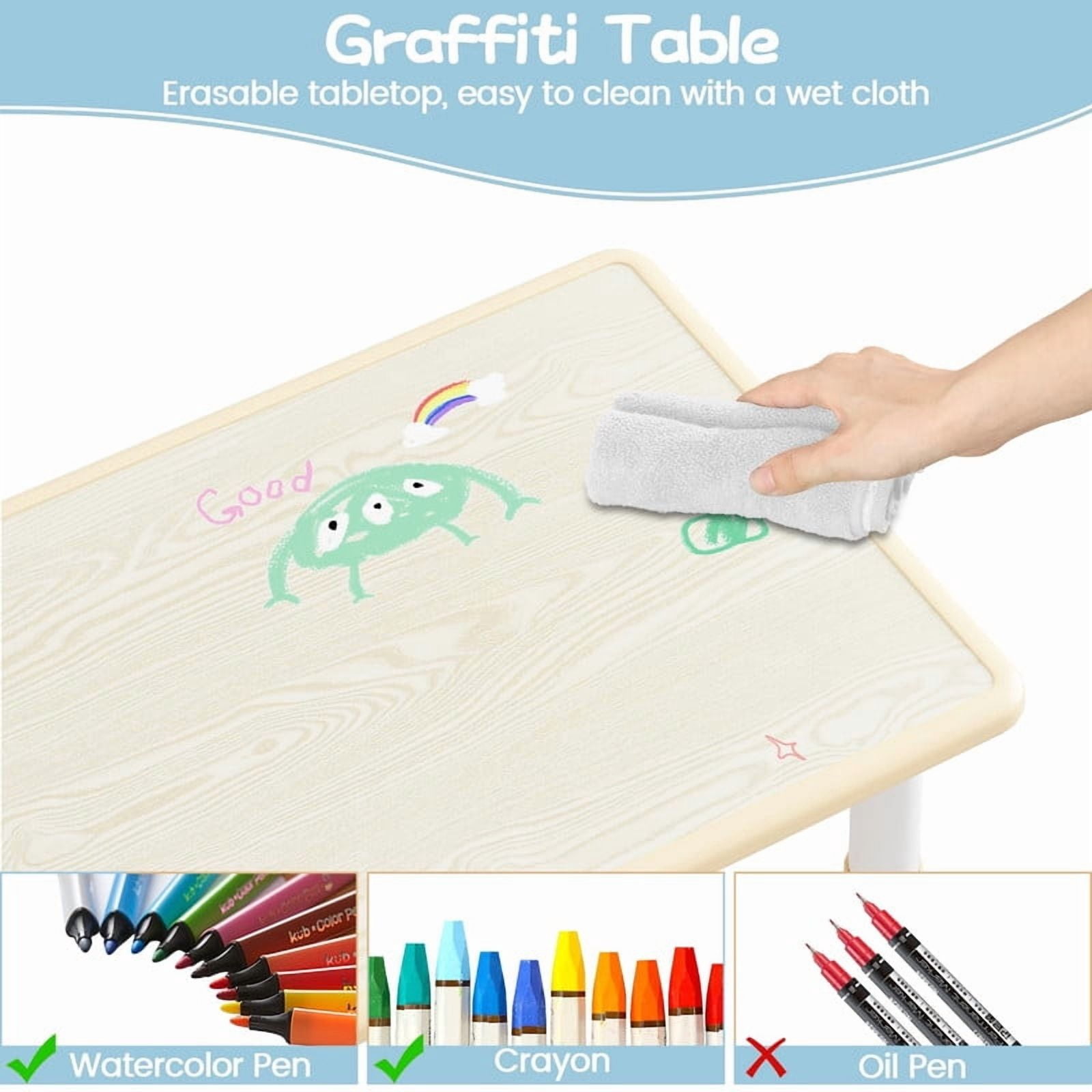 Towallmark 47.2" x 23.6" Kids Table and 6 Chairs Set, Adjustable Height Childrens Table Set for Ages 3-10, Toddler Activity Table with Graffiti Top, Non Slip Legs, 300Lbs Capacity