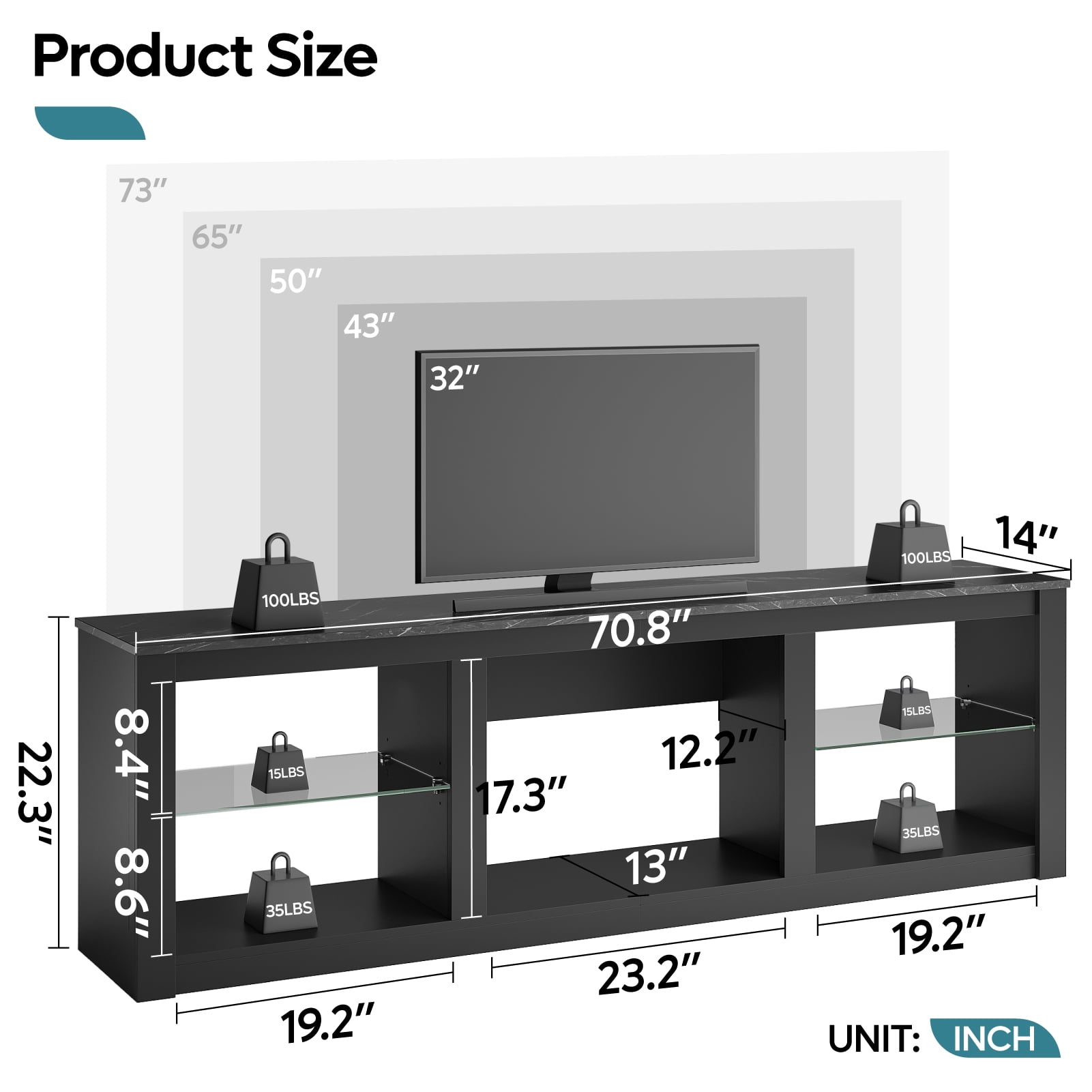 Bestier LED TV Stand for TVs up to 75'', Modern Entertainment Center with Remote Controlled RGB Lights, Adjustable Glass Shelves & Open Storage, Media Console for Living Room, Black