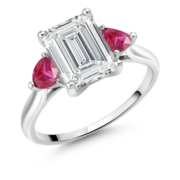 Gem Stone King 3.54 Cttw 10K White Gold IGI Certified VS Lab Grown Diamond & Red Created Ruby 3 Stone Engagement Ring for Women | Center Emerald Cut Diamond 3 Ct | 4MM Trillion Created Ruby (Size 7)