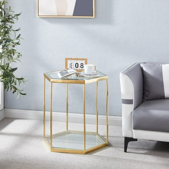 Modern Glass End Table with Gold Finish & Stainless Steel Frame|More Storage & Easy to Clean