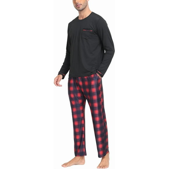 MoFiz Men's Pajama Set Soft Plaid Pants & Long Sleeve T-Shirt 2-Piece Sleepwear Lounge Set Cozy Pjs for Men with Pockets