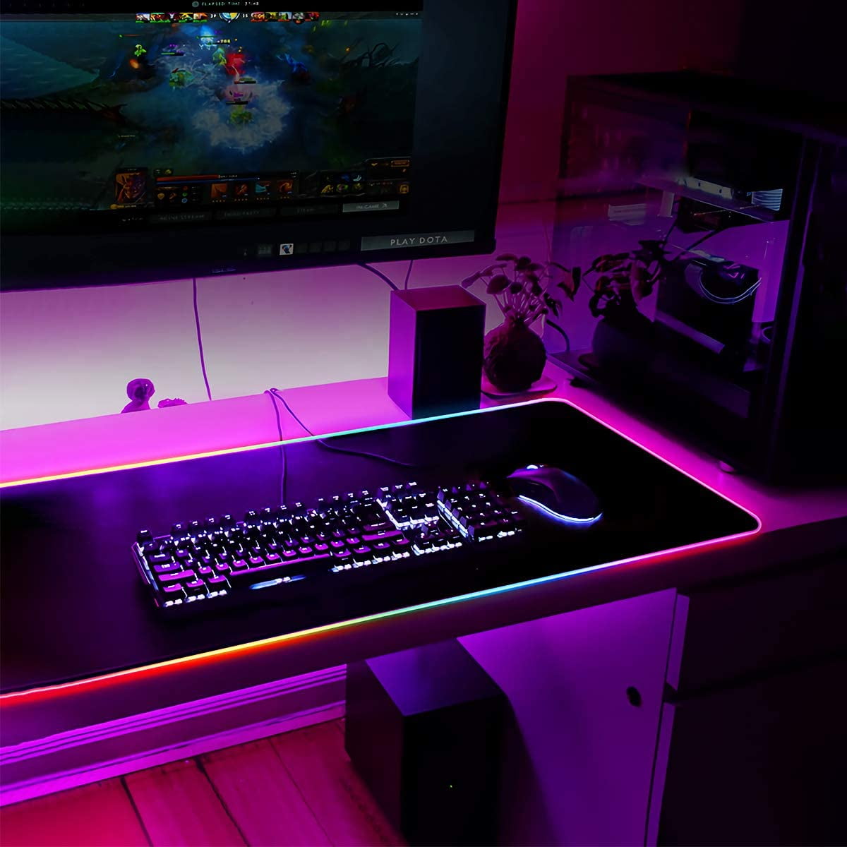 31.5" X 12" Large Mouse Pad, RGB LED Gaming Mouse Pad with Smooth PU Leather & Stitched Edges, Waterproof Large Mouse Mat with Non-Slip Rubber Base for Gamer