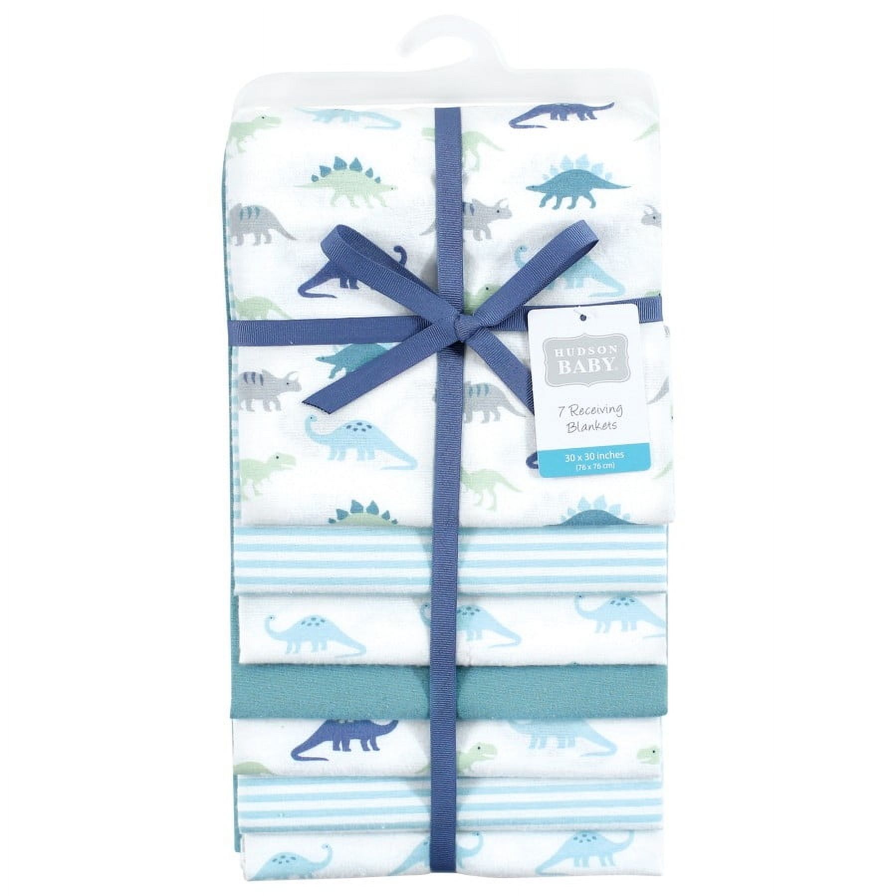 Hudson Baby Cotton Poly Flannel Receiving Blankets Bundle, Soft Teal Dino, One Size